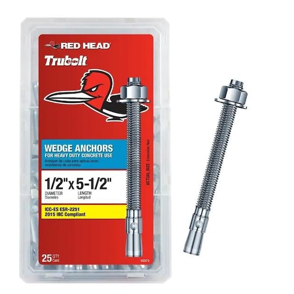 Red Head Wedge Anchor, 1/2" Dia., 5-1/2" L, Carbon Steel, 25 PK 12373 - main